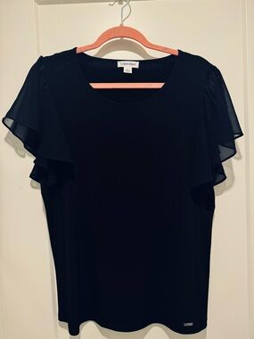 Calvin Klein Ladies Navy Top with Sheer Flowy Short Sleeves
